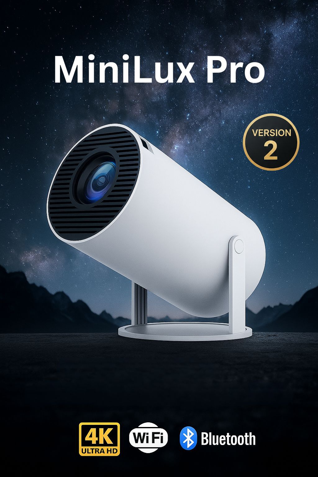 MiniLux Pro (Version 2) – Smart Mini Projector with Bluetooth and WiFi (2026 Model)